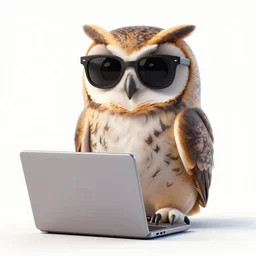 an owl using a laptop while wearing sunglasses