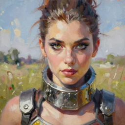 oil painting of tracer overwatch in a field, in style of mark arian, expressive face, very detailed face, wearing large steel choker, very detailed eyes, full body, feminine face, detailed makeup on eyes,