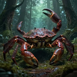 a huge cyberpunk crab in the Forest, Concept art, digital art, well detailed, trending on artstation, by Stephen king, 8k, Lovecraft, horror
