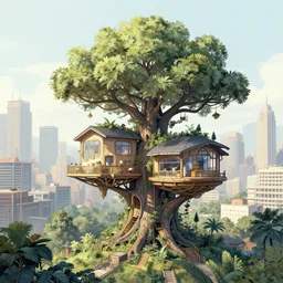 futuristic tree house in a city detailed drawing
