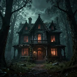 A haunted house in the forest with broken trees around it, dramatic lighting, cinematic, establishing shot, high detail, cinematic lighting, post processed, 8k, concept art, artstation, matte painting, in the style of eddie mendoza, raphael lacoste, alex ross