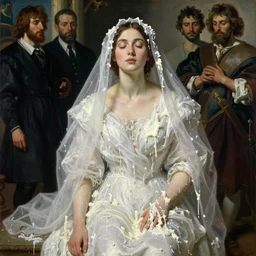 Beautiful woman with closed eyes under the white veil wearing a white dress and covered with melted white candle wax by Ilya Repin, Mikhail Vrubel, William Blake, Michelangelo da Caravaggio, Rafaelle Monti and Beksinski, dramatic volumetric lighting, full body portrait, highly detailed oil painting, 4k, masterpiece