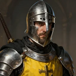 Closeup of frustrated male medieval sergeant with a {short} beard and a steel open face helmet wearing a black!!!! and yellow tabard over a steel breastplate and a black gambeson, face visible, intricate, dramatic lighting, illustration by Greg Rutkowski, ArtStation, digital art, fantasy