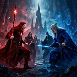 a mind - blowing, epic movie poster, depicting a war between red and blue wizards, cinematic
