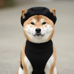 a shiba inu dog wearing a beret and black turtleneck
