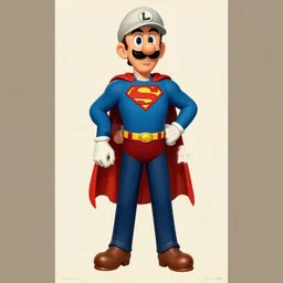 portrait of luigi as superman, limited neutral palette, beautiful graphics, full body portrait, propaganda poster art, 1 9 7 0 s illustrated advertising art by petros afshar, anton fadeev, dean ellis, painterly character design
