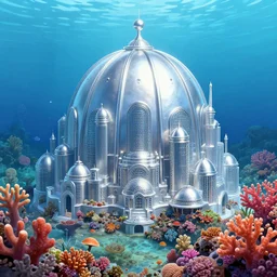 a beautiful digital illustration of a shining silver domed underwater city surrounded by a vibrant coral reef by beeple | Byzantine architecture, made of silver | cinematic | unreal engine | octane | photorealistic |