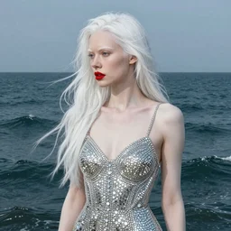 albino woman detailed drawing, with a long thin nose, red lipstick, with long white hair, in a camisole of rhinestones and silver, deep decal, standing in the middle of the ocean, very beautiful style, photorealism caravaggio, edgard maxence