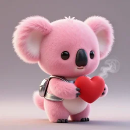 high quality 3 d render hyperrealistic very cute small pink koala holding red heart, fog, steam, smoke, plush mascot, short spiky dense fluffy smooth hair, photo from the side, pink fluffy fur, 1 5 0 mm, beautiful natural soft light, rim light, smooth background, artstation, ultra detailed, elegant, ultra detailed, metallic armor, octane render