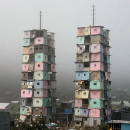two towers, made up of makeshift squatter shacks with pastel colours, uneven dense fog, dystopia, mamiya, f 1 1, fully frontal view, photographed by jeanette hagglund