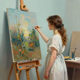 digital painting of a neoclassically dressed lady in art studio, looking at a big painting on a wall, soft teal and orange colored wall, beautiful volumetric lighting, digital painting, artherapy,  artstation
