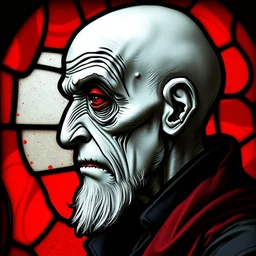 1 0 th century stained glass window, side - view portrait of a very old vampire, grey skin, blemished skin, red eye shadow, bald and shaven, red bloody background, masterful
