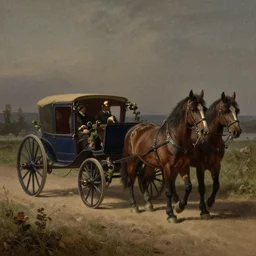 Horse carriages, evening, detailed matte painting, cinematic, John Atkinson Grimshaw, Artstation