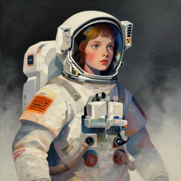 ( ( dither ) ), editorial illustration portrait of a young astronaut girl, colorful, modern art deco, mads berg, karolis strautniekas, christopher balaskas, stippled light, fog, moody, fine texture, dramatic lighting, dynamic composition, detailed, matte print, dynamic perspective, muted color