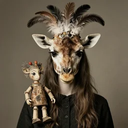 photographic portrait max ernst sad woman giraffe feathers face headdress antique puppet