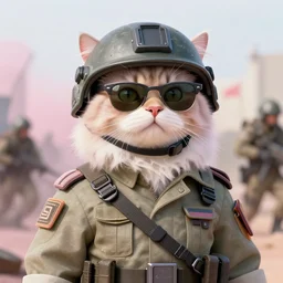 a portrait of a futuristic british longhair cat wear soldier clothes in war scene, wear helmet and ray - ban glass, pastel vibe, hyper realistic, concept art, intricate, hyper detailed, smooth, vibrant, by greg rutkowski