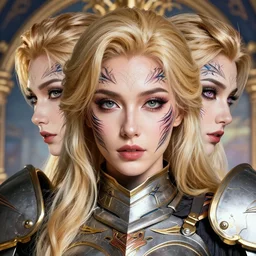studio portrait of lawful good colorful female holy mecha paladin absurdly beautiful, elegant, mature blonde gravure idol, ultrafine hyperrealistic detailed face illustration by kim jung gi, highly detailed symmetrical faces, intricate linework, sharp focus, bright colors, matte, octopath traveler, unreal engine 5 highly rendered, global illumination, radiant light, intricate environment