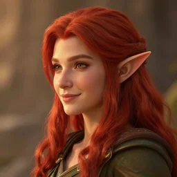beautiful character design of an elven druid with red hair, slight smile, sideview, d&d, warm lighting, symmetrical face, subtle vibrancy, dungeon worl.d, HD, detailed
