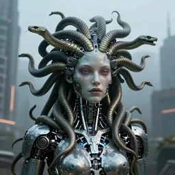 photorealistic portrait of a cyborg gorgon medusa with borg implants and mechanical snakes coming out of her head. Dystopian city in the backgeound. very detailed, 8k