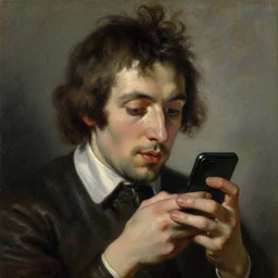 portrait of modern day person on their smartphone!! oil painting by joseph ducreux, 1 7 th century, art, oil on canvas, wet - on - wet technique, realistic, expressive emotions, intricate textures, illusionistic detail,