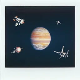 aged polaroid analog photo of a planet in space surrounded by spacecrafts, detailed clouds, warm azure tones, red color bleed, film grain