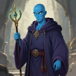 blue-skinned bald wizard in his twenties, illustration, dungeon and dragon, Trending on ArtStation