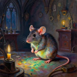 A mouse in a Gothic atelier, oil painting, detailed, colorful, glowing lighting, 4k, dimly lit, in the style of Yanjung Chen and Tom Bagshaw,