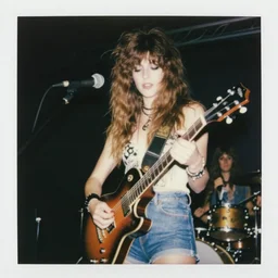 Woman holding double-neck guitar, long shaggy-haired rocker, wearing denim, proto-metal concert, live concert, 1972, super 8mm, Polaroid
