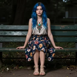 dslr photo of a pretty young woman, full bodied portrait, with blue hair, sitting on a bench wearing a flower skirt, and body and wearing hemp sandals and a very detailed faerie necklace around neck, very high quality face, intricate details, extremely high quality, moody lighting, real camera, real photo 8 k, full subject in shot