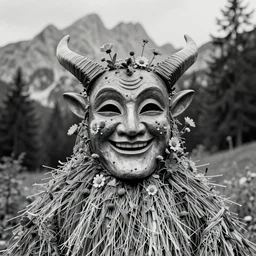 portrait of a tyrolean folklore mask, dolomite, forest, wearing hay coat, with horns, eerie, smiling, flowers growing out of his body and face, detailed intricate insanely detailed octane render, 8k artistic 1920s photography, black and white, grainy, photorealistic, chiaroscuro, by David Cronenberg, Raphael, Caravaggio
