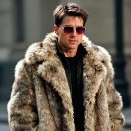 film still of Tom Cruise as Tyler Durden wearing big fur coat and pink sunglasses in Fight Club 1999