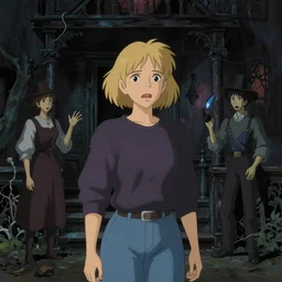 portrait of a scared blonde woman exploring a spooky haunted house, sweater and jeans, film still, finely detailed features, digital painting, tankobon, studio ghibli, by ilya kuvshinov and krenz cushart and alphonse mucha and william - adolphe bouguereau