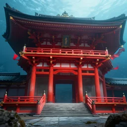 A red ancient Japanese architectural building under the sea, 8k, very high detailed, cinematic, octane render, intricate