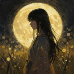 moon priestess. gouache and gold leaf by award - winning mangaka, chiaroscuro, bokeh, backlighting, field of depth