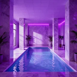 dreampool rooms, neon ceramic tiles, purple sunlight coming through columns of neon marble