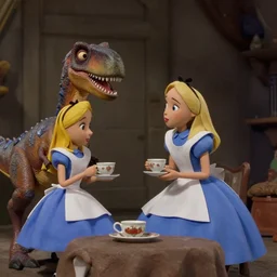 A movie screenshot of Velociraptors (by Brian Froud) having tea with Alice in Wonderland, directed by Henry Selick and Tim Burton, claymation, cinematic, balanced composition, whimsical.