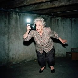 1 9 9 0 s, disposable camera shot, an old lady levitating, horror, basement, camera flash, 1 5 0 mm, basement, hyper realistic