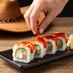 cowboy putting ketchup on sushi