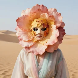 humanoid in flower mask, autumn, stern face, directed gaze, haute couture, editorial photoshoot, pastel colors, vivid, fashion photography, cinematic lightning, sand dunes, desert, ultra realistic, portrait photography, 8 k, hd