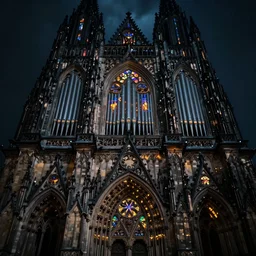 the dark lord's organ, cathedral, full shot, photo, volumetric lighting, epic composition, intricate details, dark neon punk, by denis villeneuve , Greg Rutkowski and Alphonse Mucha