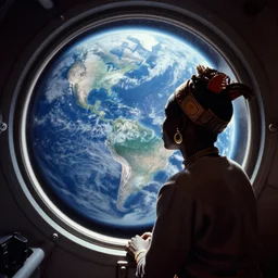 analogue photo of an African tribal in a spaceship looking at planet earth through the porthole window, photography shot by martha cooper,