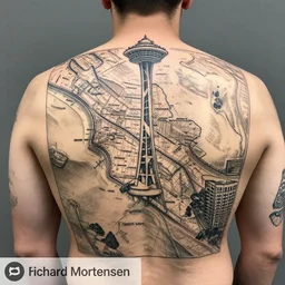 a man with a tattoo of seattle streetmap on his back, a tattoo by richard mortensen, reddit contest winner, primitivism, tattoo, detailed, intricate