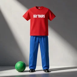 a'red shirt ','blue trousers ', a'green ball'