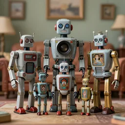 , closeup portrait of tin toy retro living room of cyberpunk robot family, depth of field, zeiss lens, detailed, centered, fashion photoshoot, by nicoletta ceccoli, mark ryden, lostfish, artgerm, greg rutkowski, alphonse mucha, breathtaking, 8 k resolution, extremely detailed, beautiful, establishing shot, artistic, hyperrealistic, octane render, - h 8 0 4