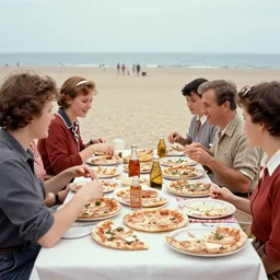 vintage photo of a pizza party on omaha beach in normandy