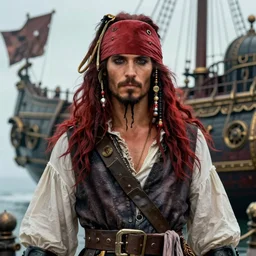 upper body shot of male pirate, D&D, handsome, fantasy, intricate, long hair, steampunk airship in backdrop, steampunk, red hair, elegant, highly detailed, digital painting, artstation, concept art, smooth, sharp focus, illustration, art by artgerm and greg rutkowski and alphonse mucha