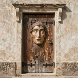 Caricature, ajar dilapidated door with a human face dangles on hinges, medieval style, dramatic lighting