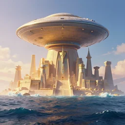 a gorgeous image of a gigantic ancient egyptian ufo city emerges from a rough sea, in the style of thomas cole and pixar. beautiful beyond imagination! hyperrealism, smooth gradient cgi, trending on artstation