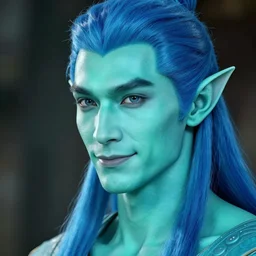 a face portrait of a humanoid male with turquois skin, elegant, chiseled jaw, slightly smiling, triton race from d & d, elf ears, beautiful man, long blue hair in a ponytail, short hair on sides, style by donato giancola, wayne reynolds, jeff easley dramatic light, high detail, cinematic lighting, artstation,