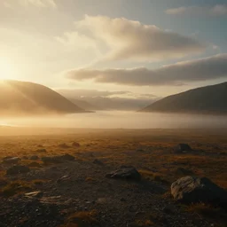 epic landscape with a lake, golden hour, misty ground, rocky ground, distant mountains, hazy, foggy, atmospheric perspective, altostratus clouds,, cinematic, 1000mm lens, anamorphic lens flare, photographic, octane render, cinematography by roger deakins, in the style of ansel adams, low details,
